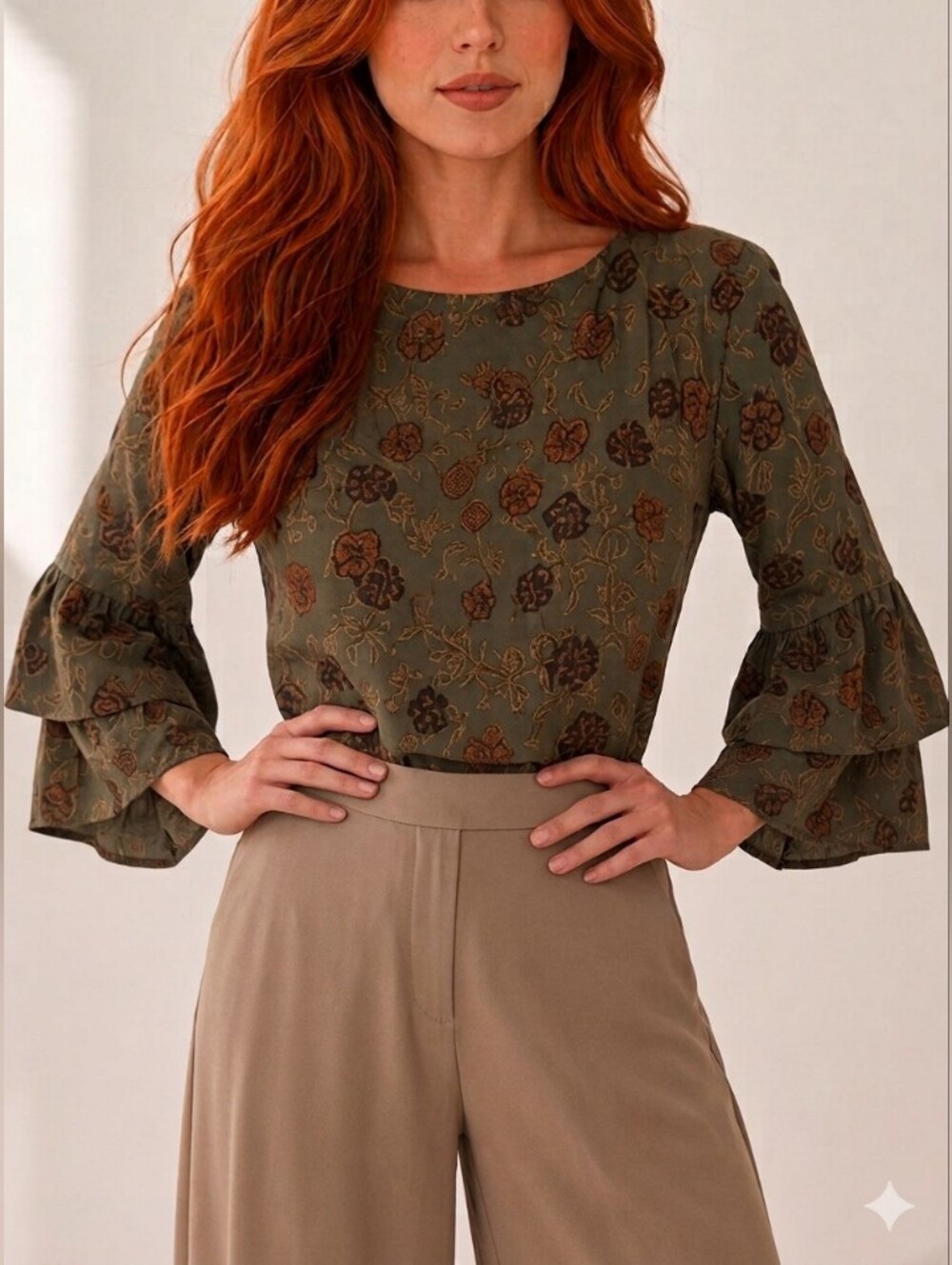 Massini Olive Green Fall Floral Ruffle Sleeve Blouse Top in Medium